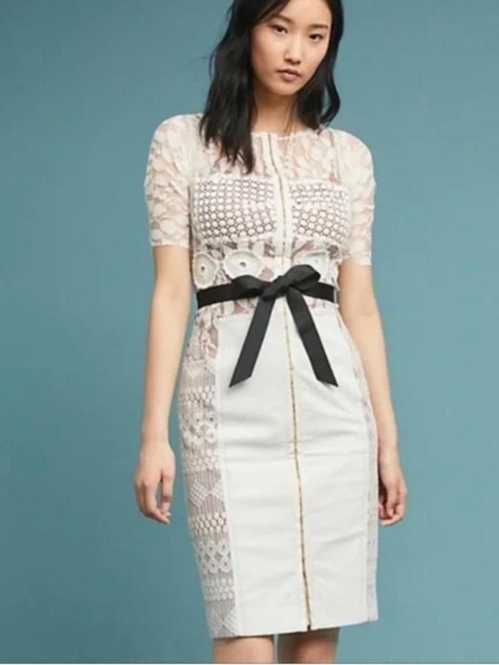 Anthropologie Byron Lars White Lace Sheath Dress with Black Ribbon Belt 00P
